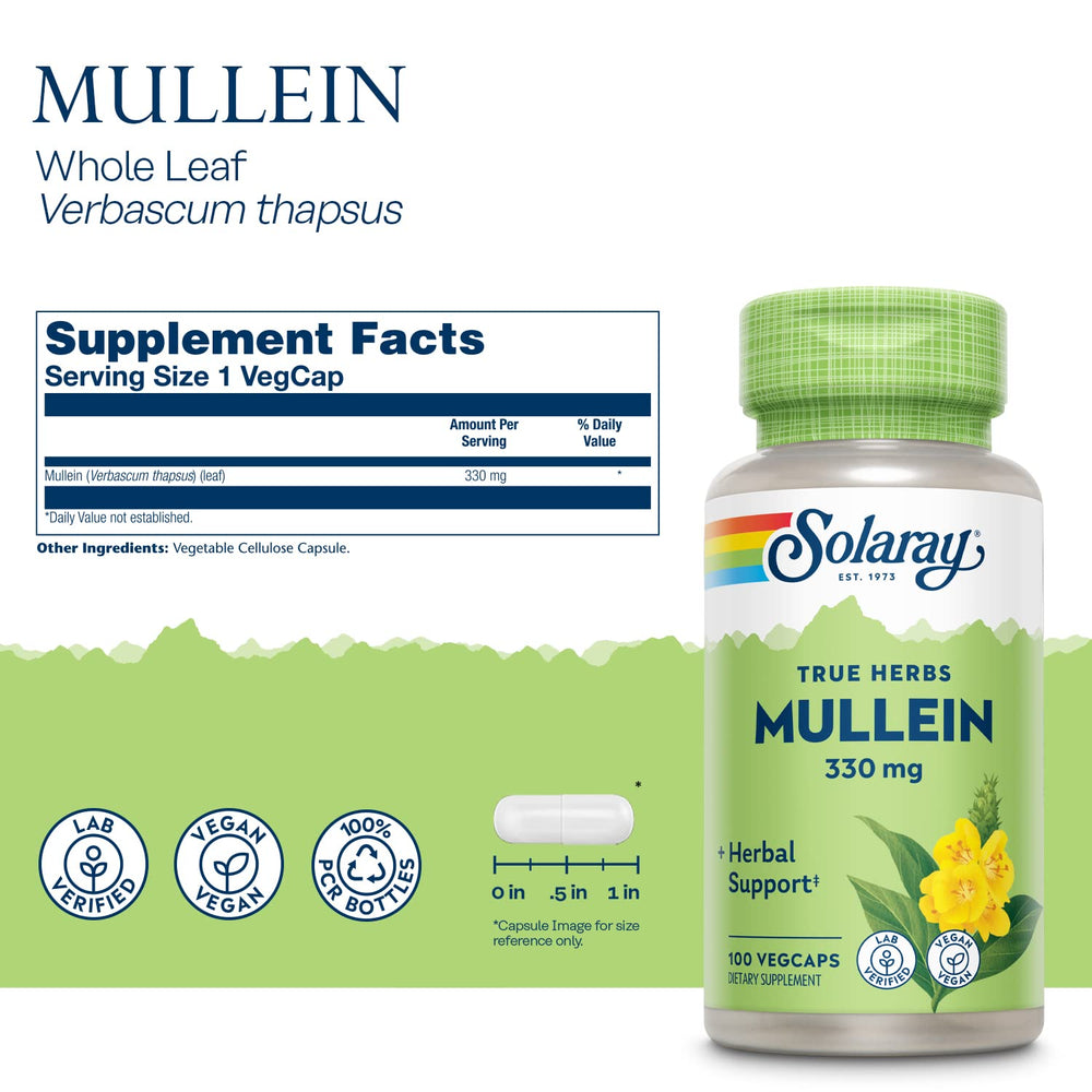 Solaray Mullein Leaf label shows vegan status and potency verification