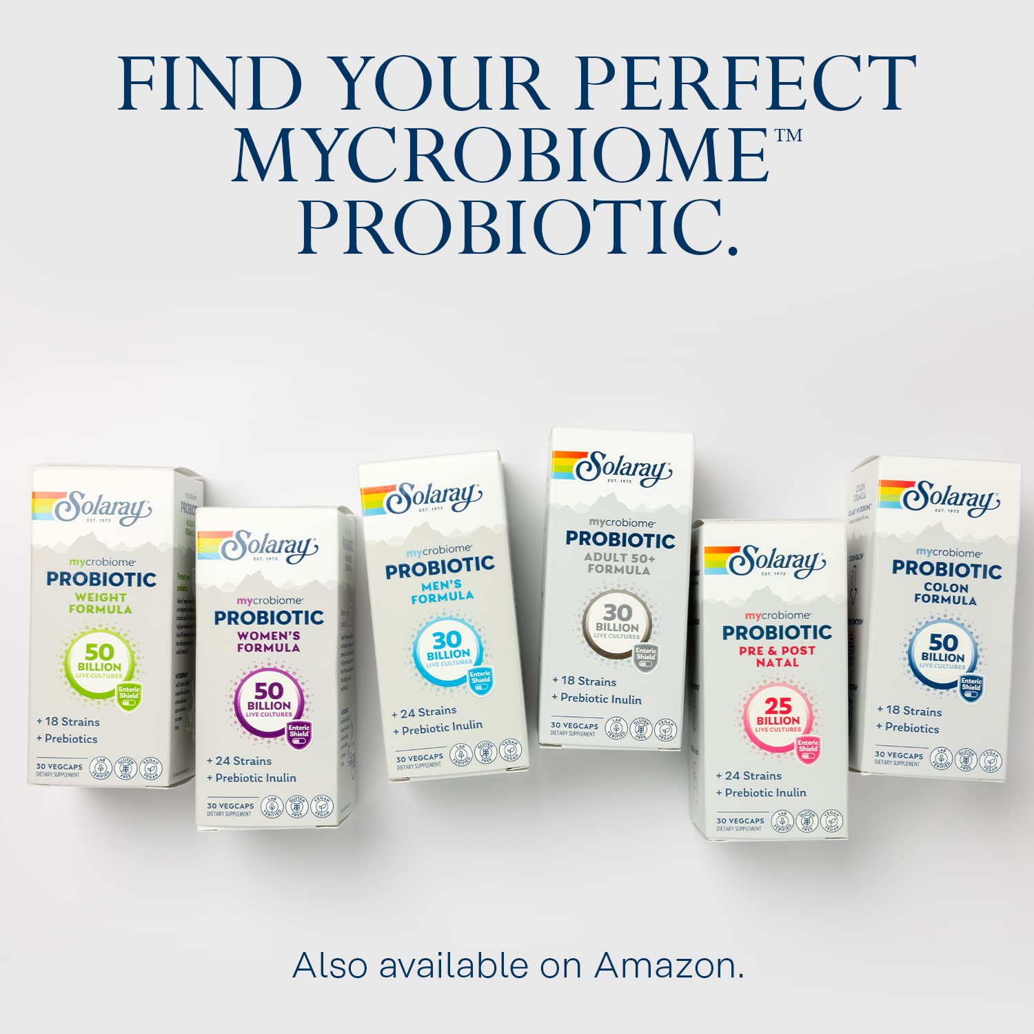 SOLARAY Mycrobiome bottle on shelf with reassurance of a 60-day guarantee.