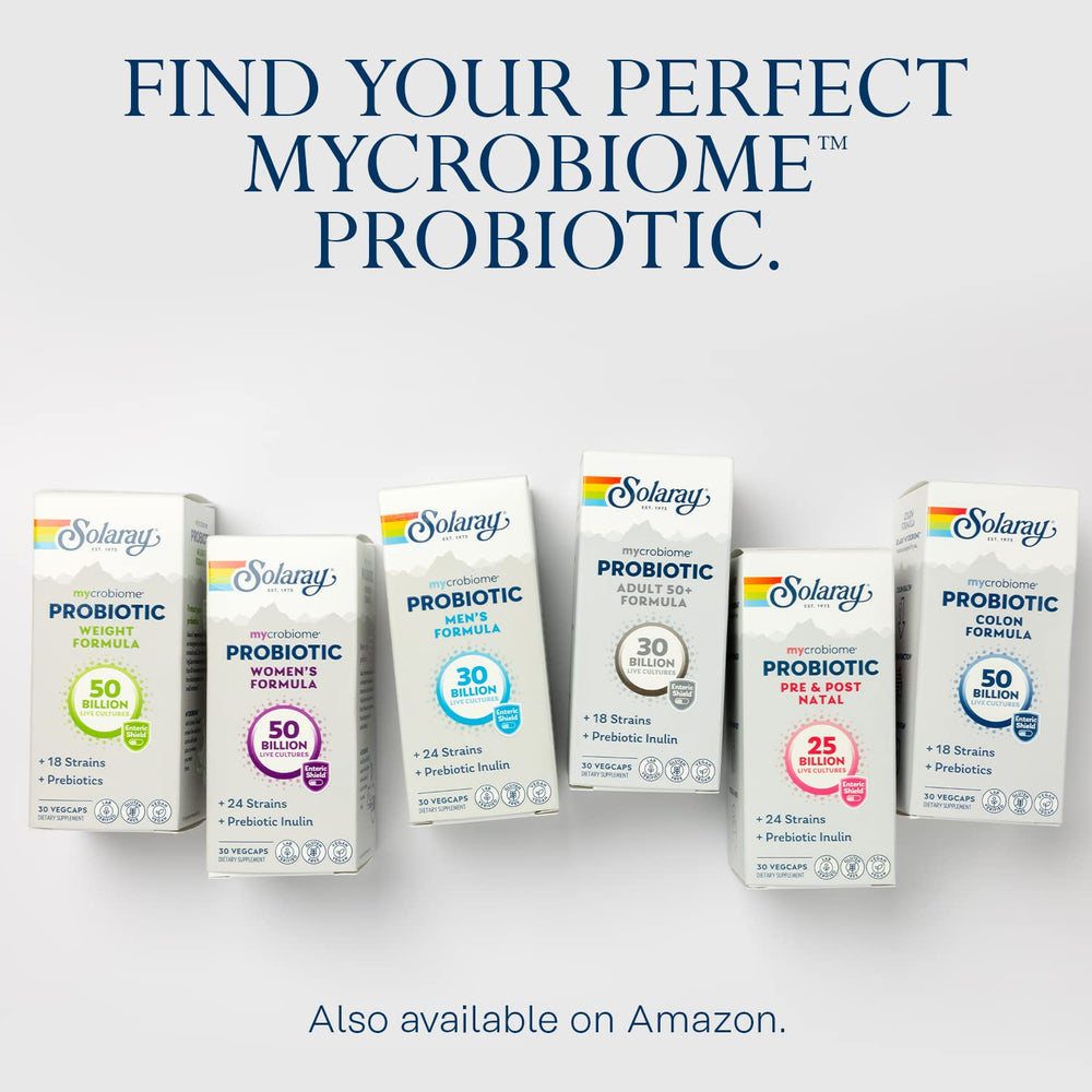 SOLARAY Mycrobiome bottle on shelf with reassurance of a 60-day guarantee.