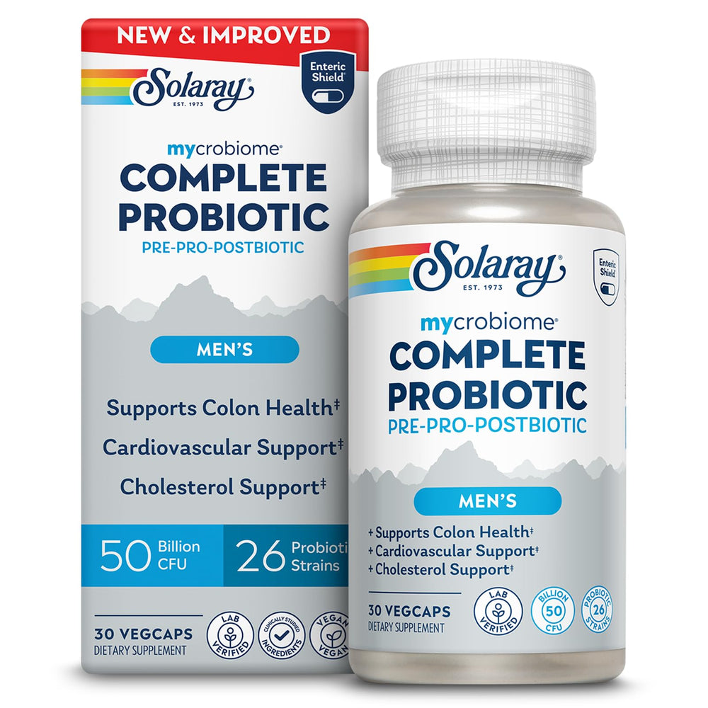 SOLARAY Mycrobiome Complete Probiotic bottle supports men's gut health and vitality.