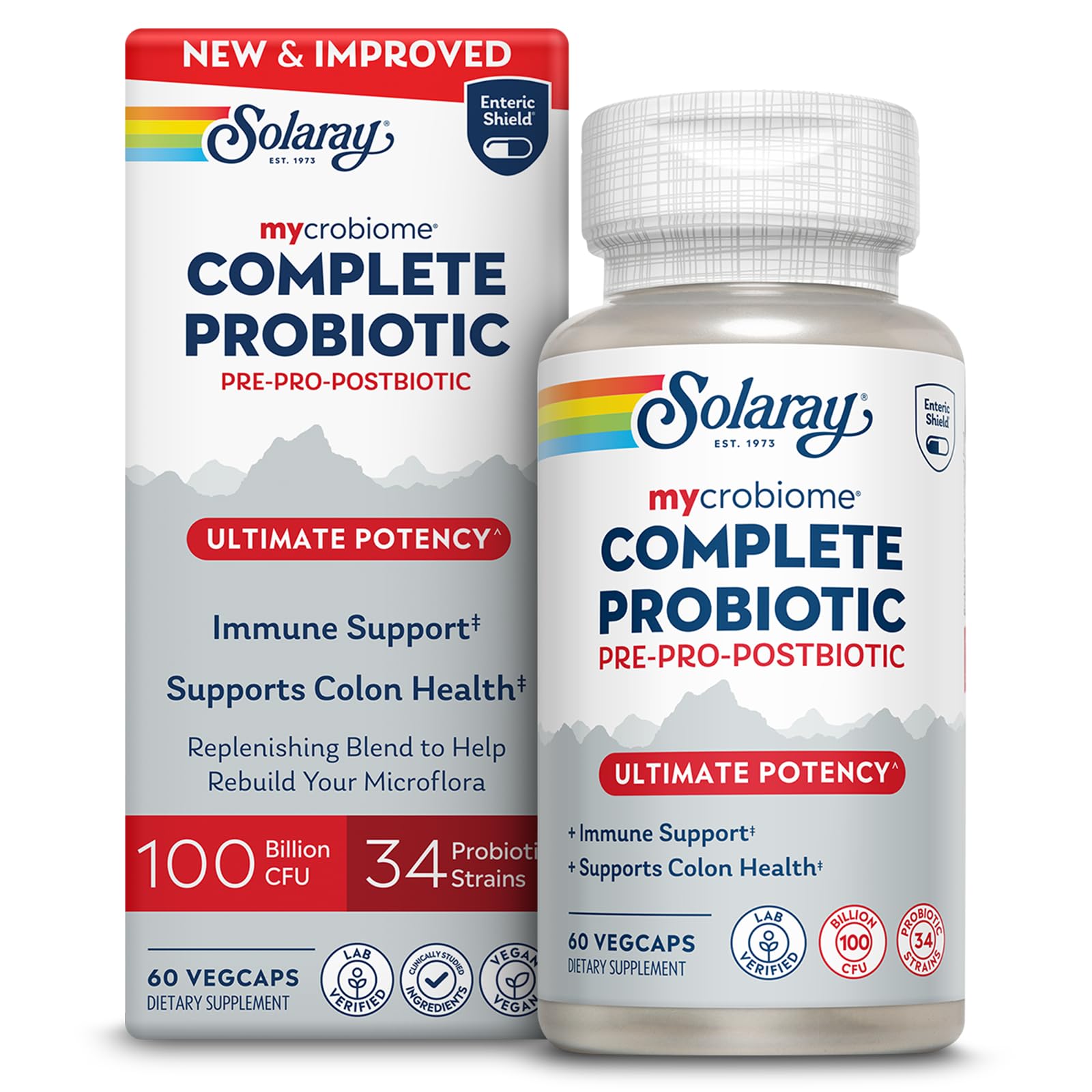 SOLARAY Mycrobiome Complete Probiotic Ultimate Potency bottle supports gut balance.