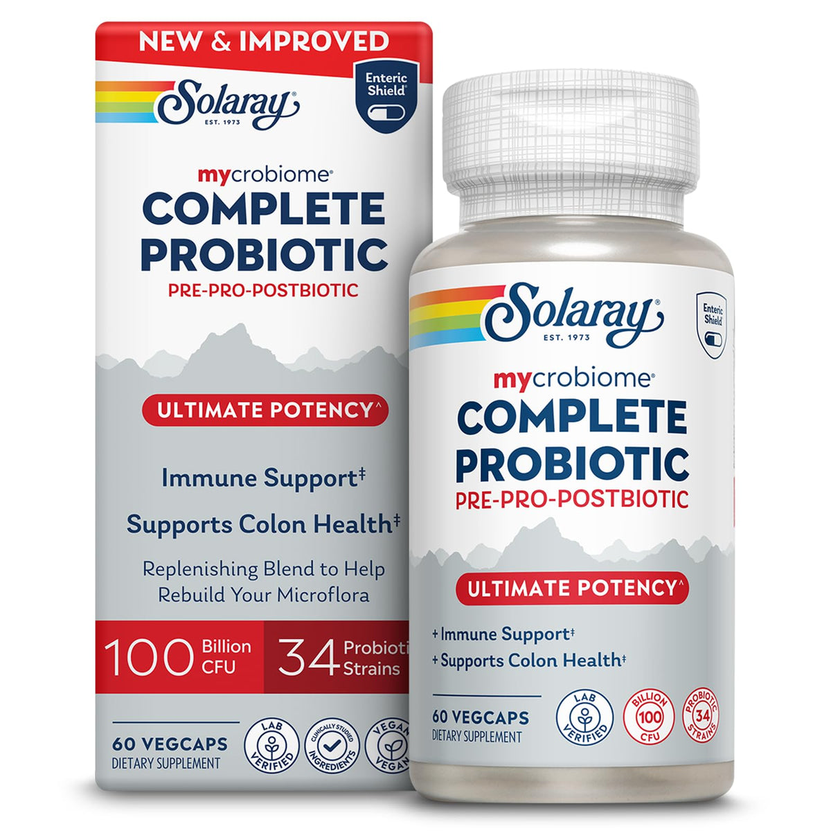 SOLARAY Mycrobiome Complete Probiotic Ultimate Potency bottle supports gut balance.