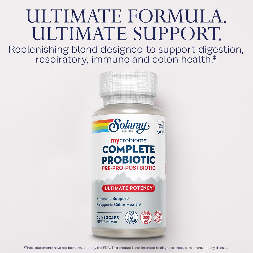 SOLARAY Mycrobiome Complete Probiotic Ultimate Potency label highlights Enteric Shield technology.