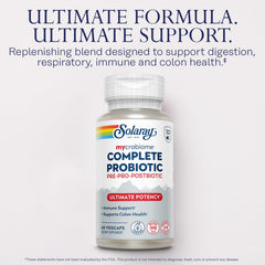 SOLARAY Mycrobiome Complete Probiotic Ultimate Potency label highlights Enteric Shield technology.