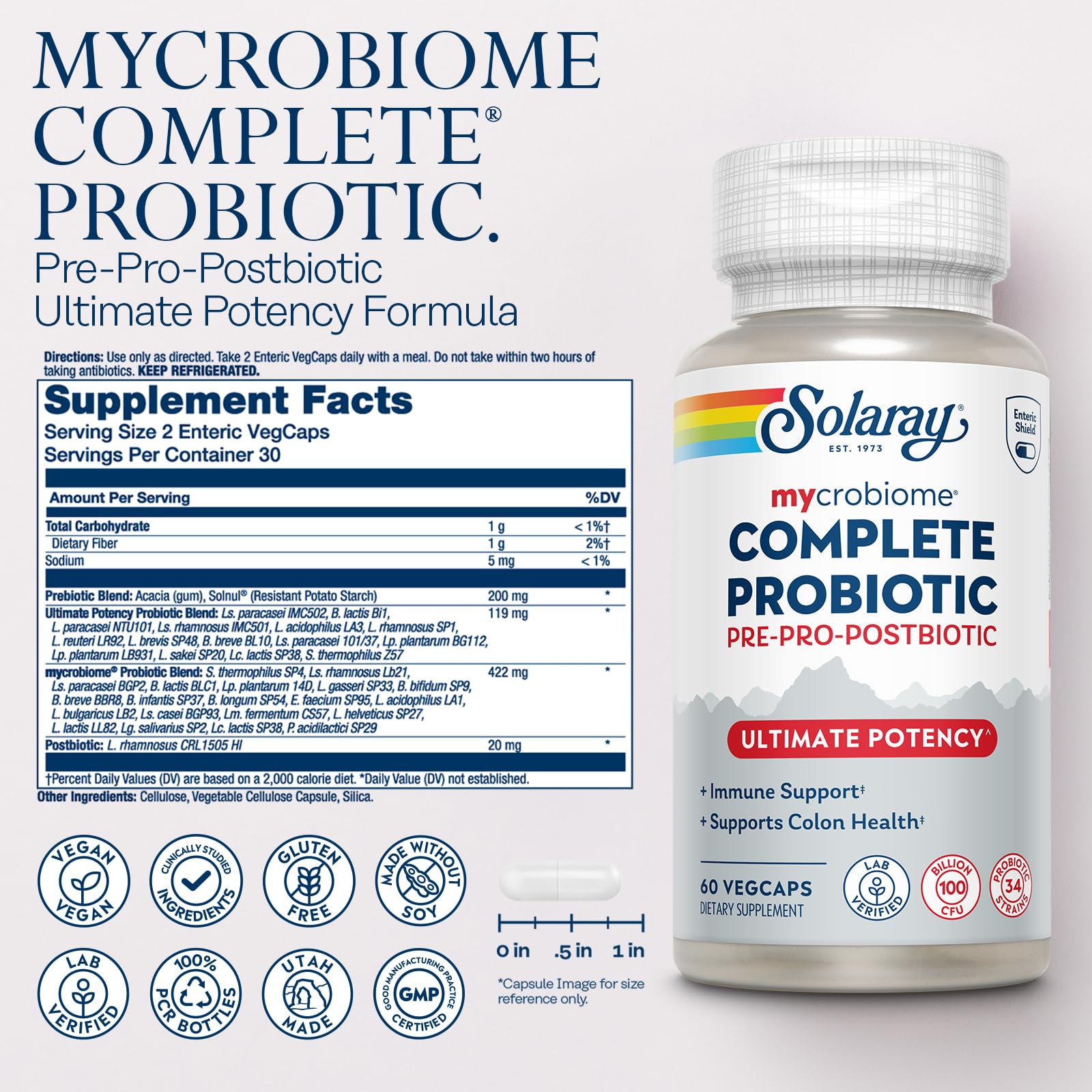 SOLARAY Mycrobiome Complete Probiotic Ultimate Potency packaging box shows 34 strains and 100B CFU.