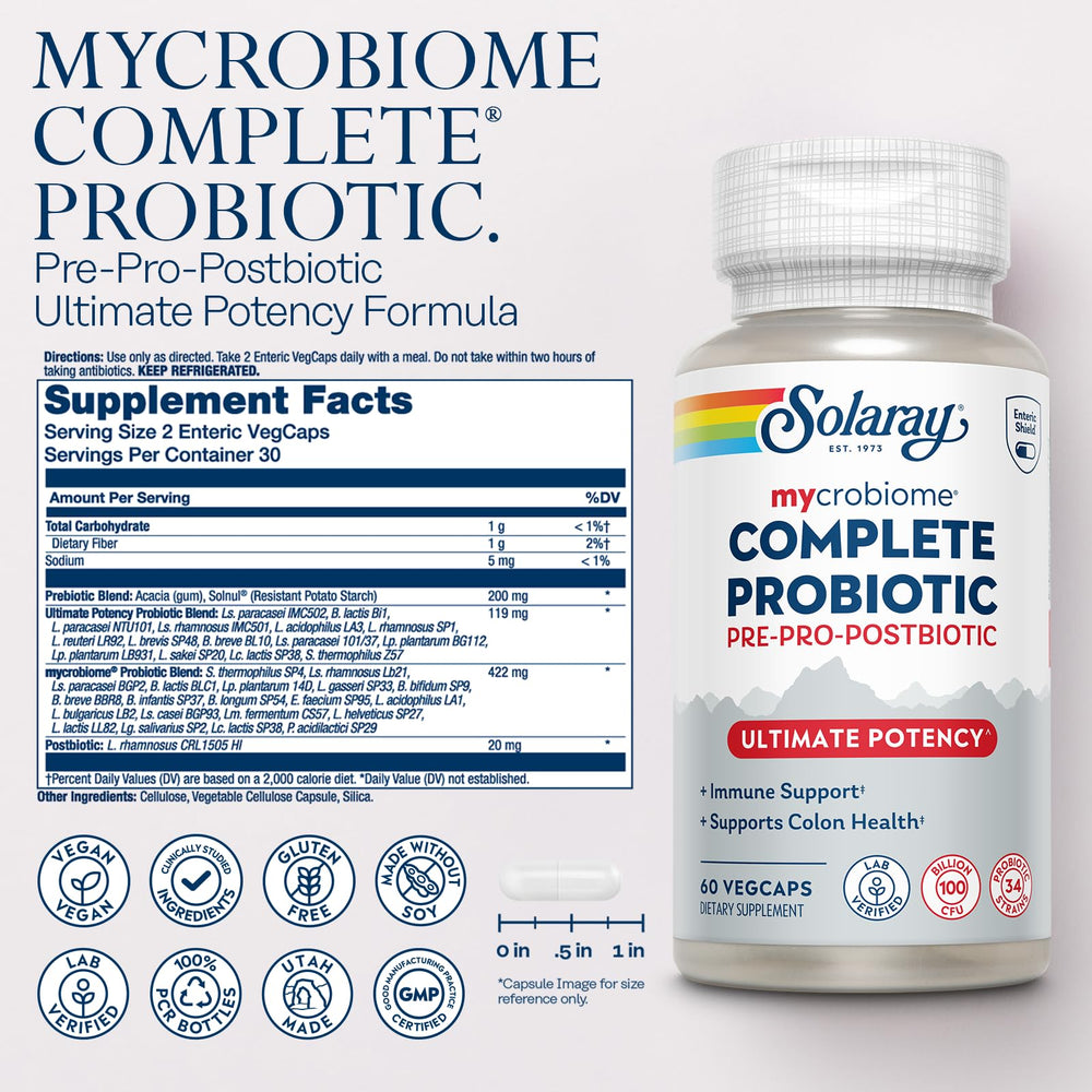 SOLARAY Mycrobiome Complete Probiotic Ultimate Potency packaging box shows 34 strains and 100B CFU.
