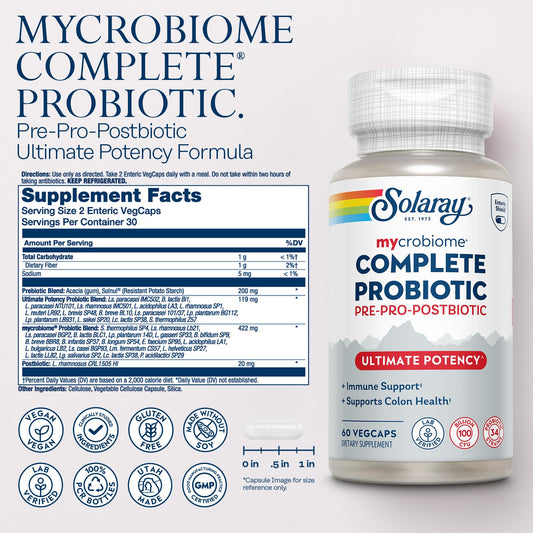 SOLARAY Mycrobiome Complete Probiotic Ultimate Potency packaging box shows 34 strains and 100B CFU.