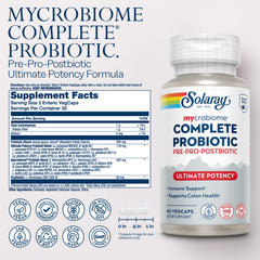 SOLARAY Mycrobiome Complete Probiotic Ultimate Potency packaging box shows 34 strains and 100B CFU.