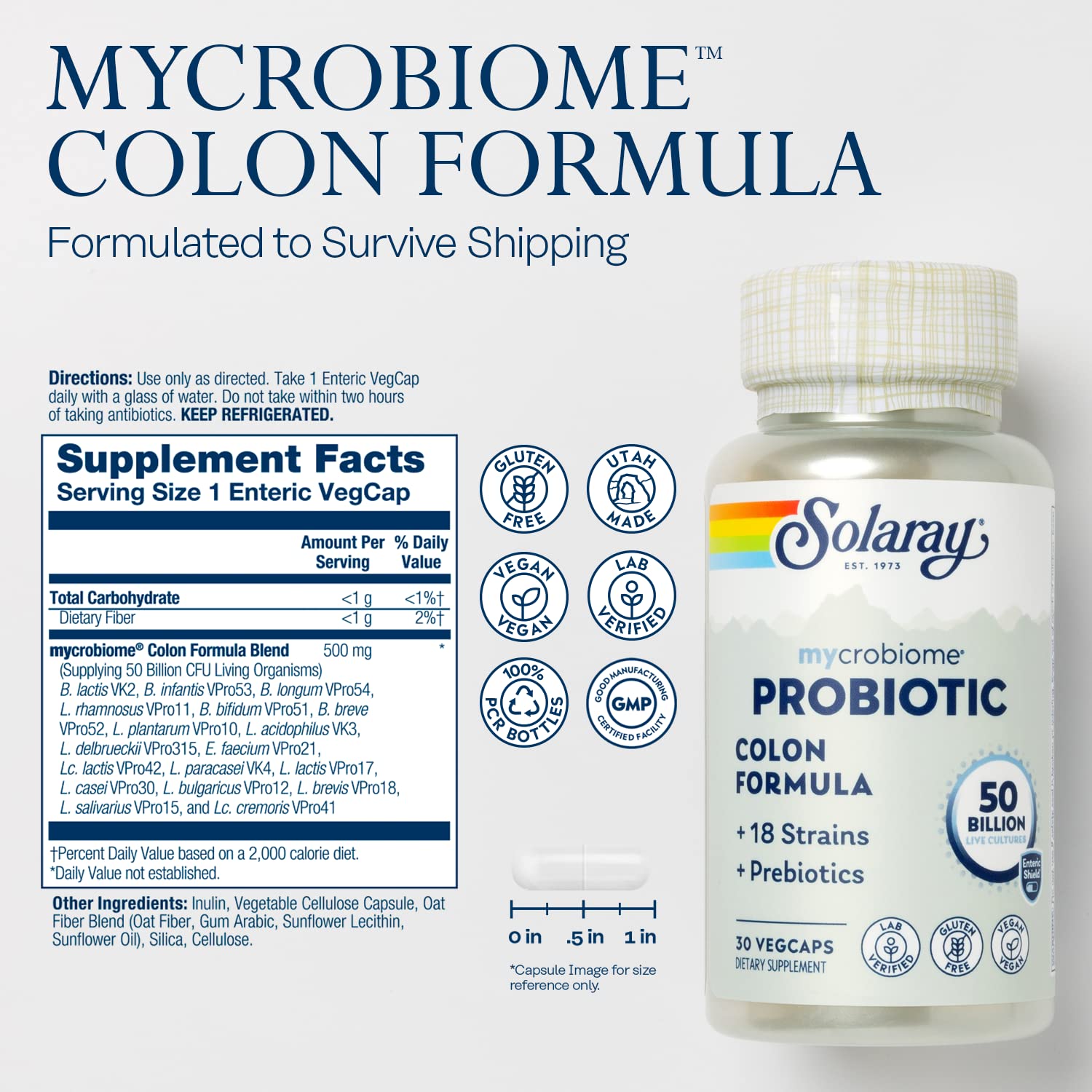 SOLARAY Mycrobiome probiotic capsules closeup highlighting the enteric coating.