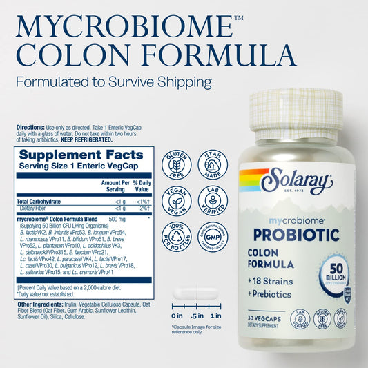 SOLARAY Mycrobiome probiotic capsules closeup highlighting the enteric coating.