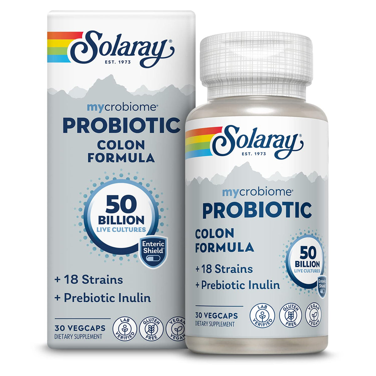 SOLARAY Mycrobiome probiotic colon formula bottle shown for gut support on the go.