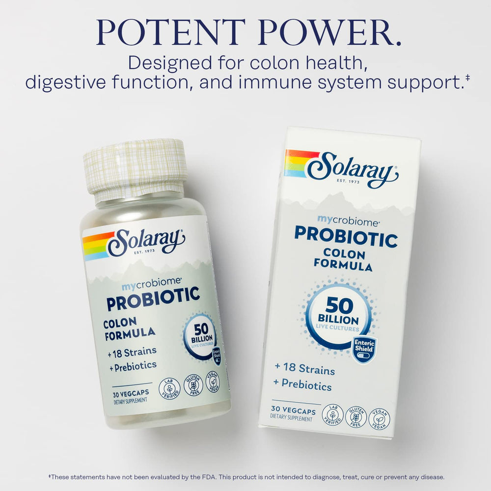 SOLARAY Mycrobiome label ingredients emphasize 18 strains and prebiotic inulin.