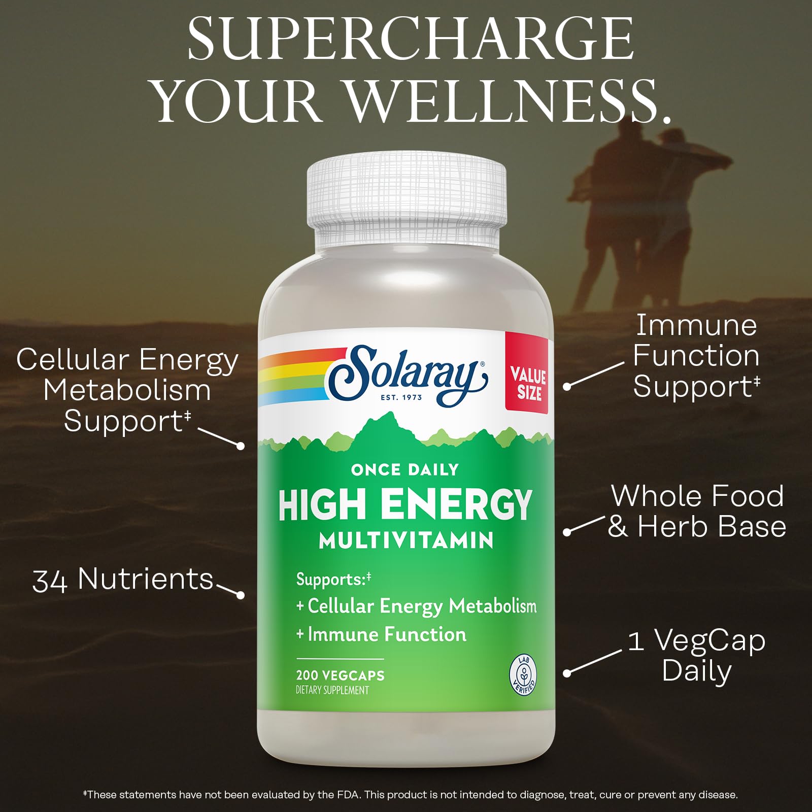SOLARAY multivitamin label with vitamin B and C benefits in focus.