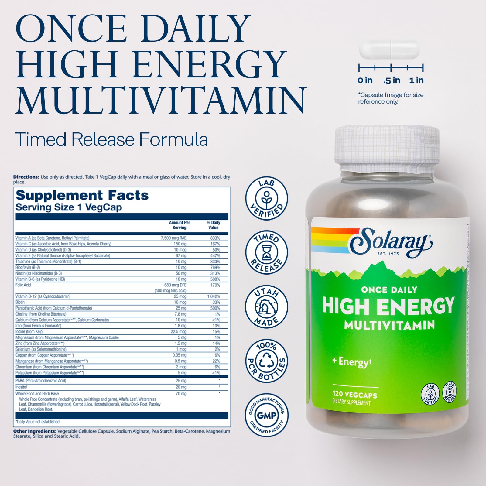 SOLARAY Once Daily bottle back shows ingredients and label for transparency.