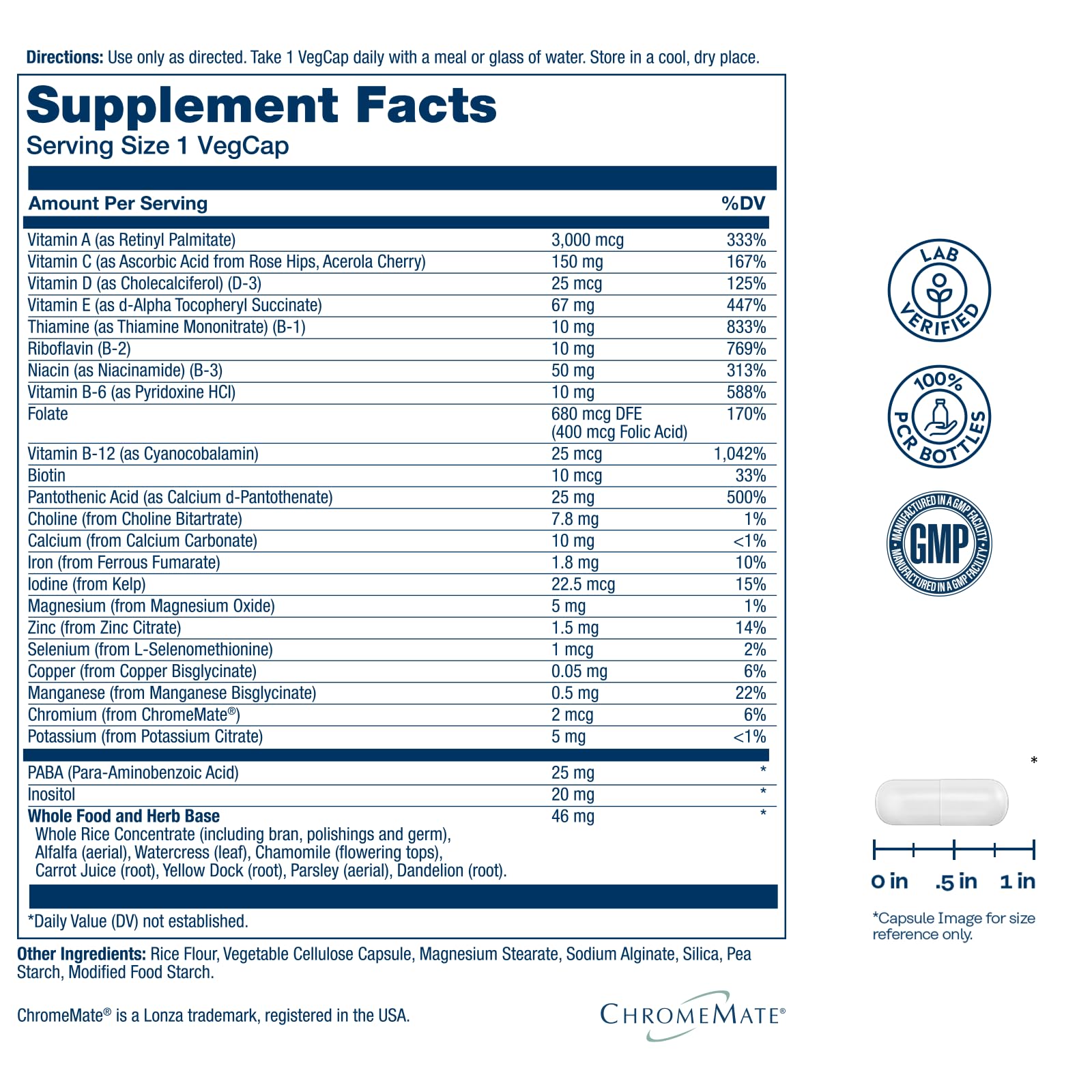 SOLARAY multivitamin label close-up highlighting key vitamins and minerals.