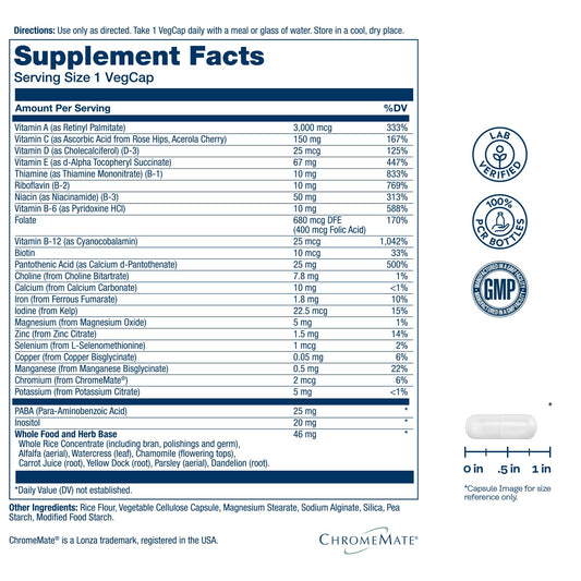 SOLARAY multivitamin label close-up highlighting key vitamins and minerals.