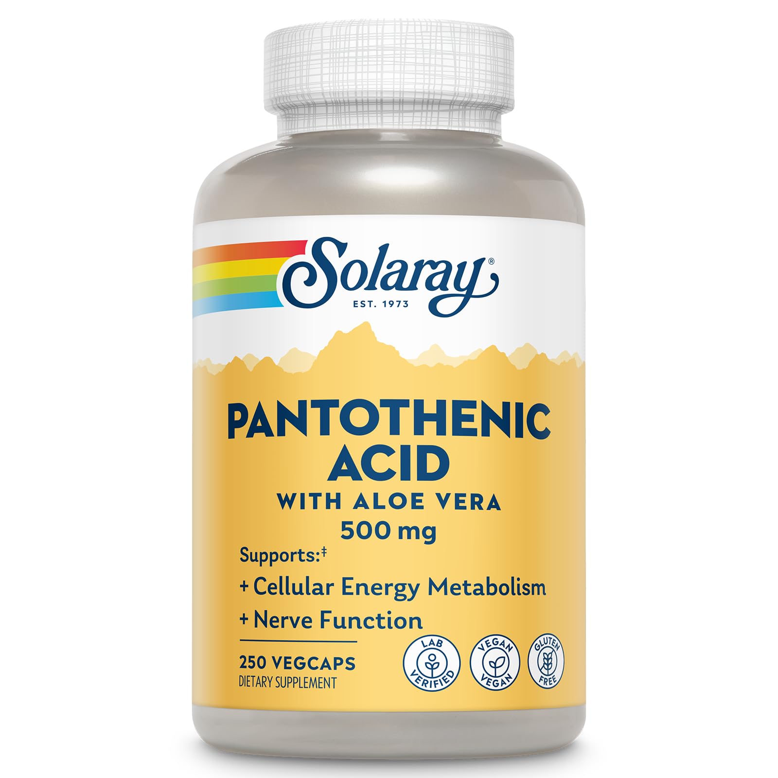 SOLARAY Pantothenic Acid 500mg bottle for daily energy metabolism support.