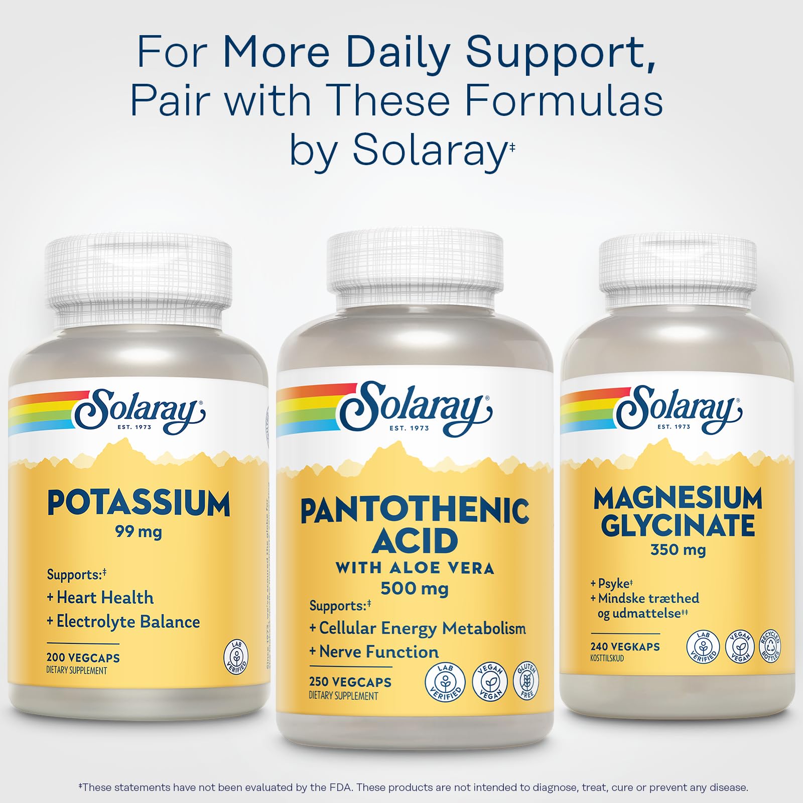 SOLARAY Pantothenic Acid packaging made from post-consumer recycled resin.
