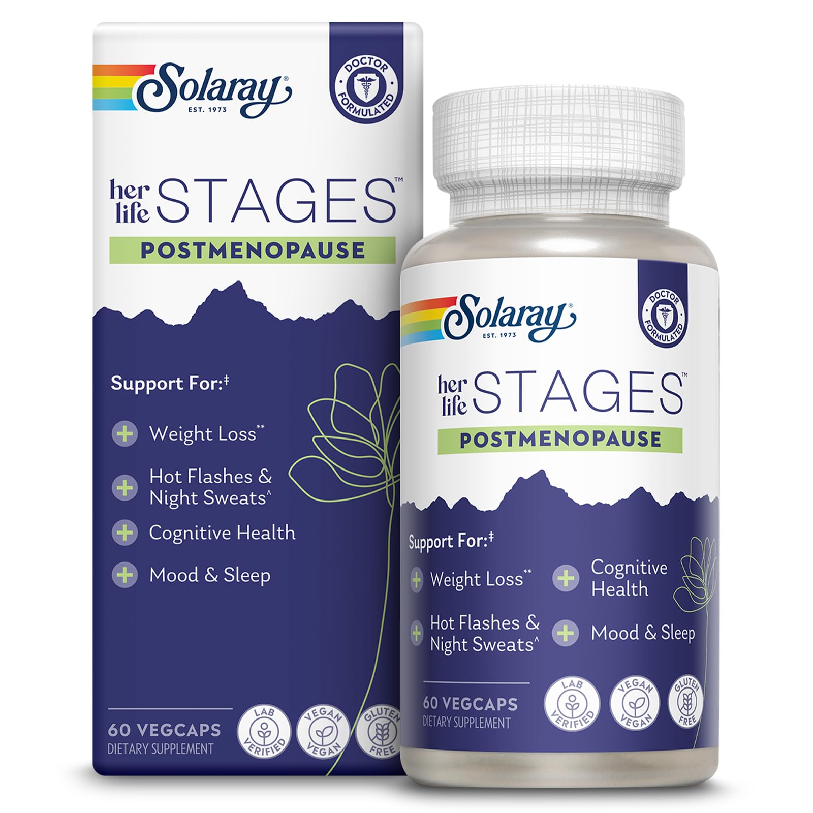 SOLARAY Postmenopause bottle closed, saffron and resveratrol may support mood and sleep.