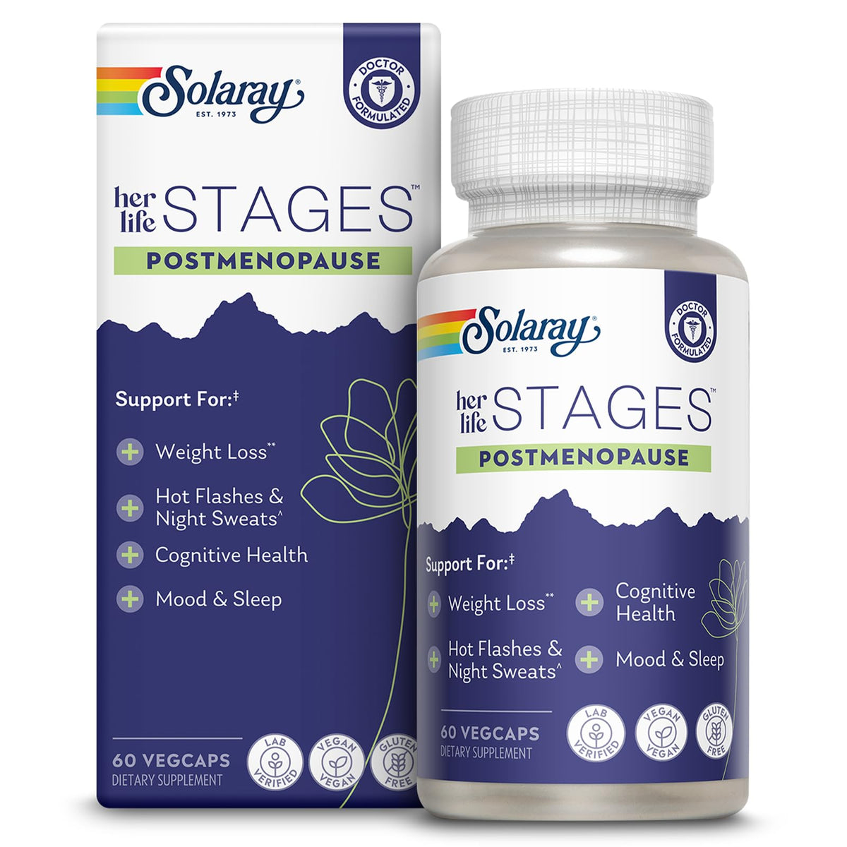 SOLARAY Postmenopause bottle closed, saffron and resveratrol may support mood and sleep.