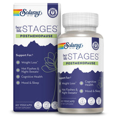 SOLARAY Postmenopause bottle closed, saffron and resveratrol may support mood and sleep.