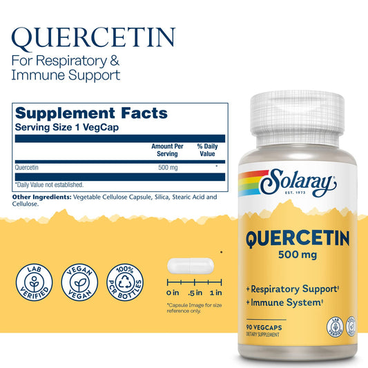 SOLARAY Quercetin 500 mg VegCaps label close-up emphasizing non-citrus bioflavonoid benefits for capillary health.