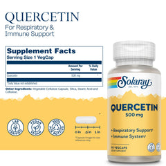 SOLARAY Quercetin 500 mg VegCaps label close-up emphasizing non-citrus bioflavonoid benefits for capillary health.