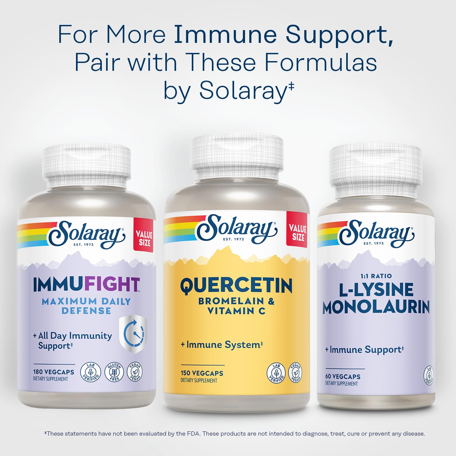 Solaray Quercetin Bromelain Vitamin C lab testing seal indicating quality control.