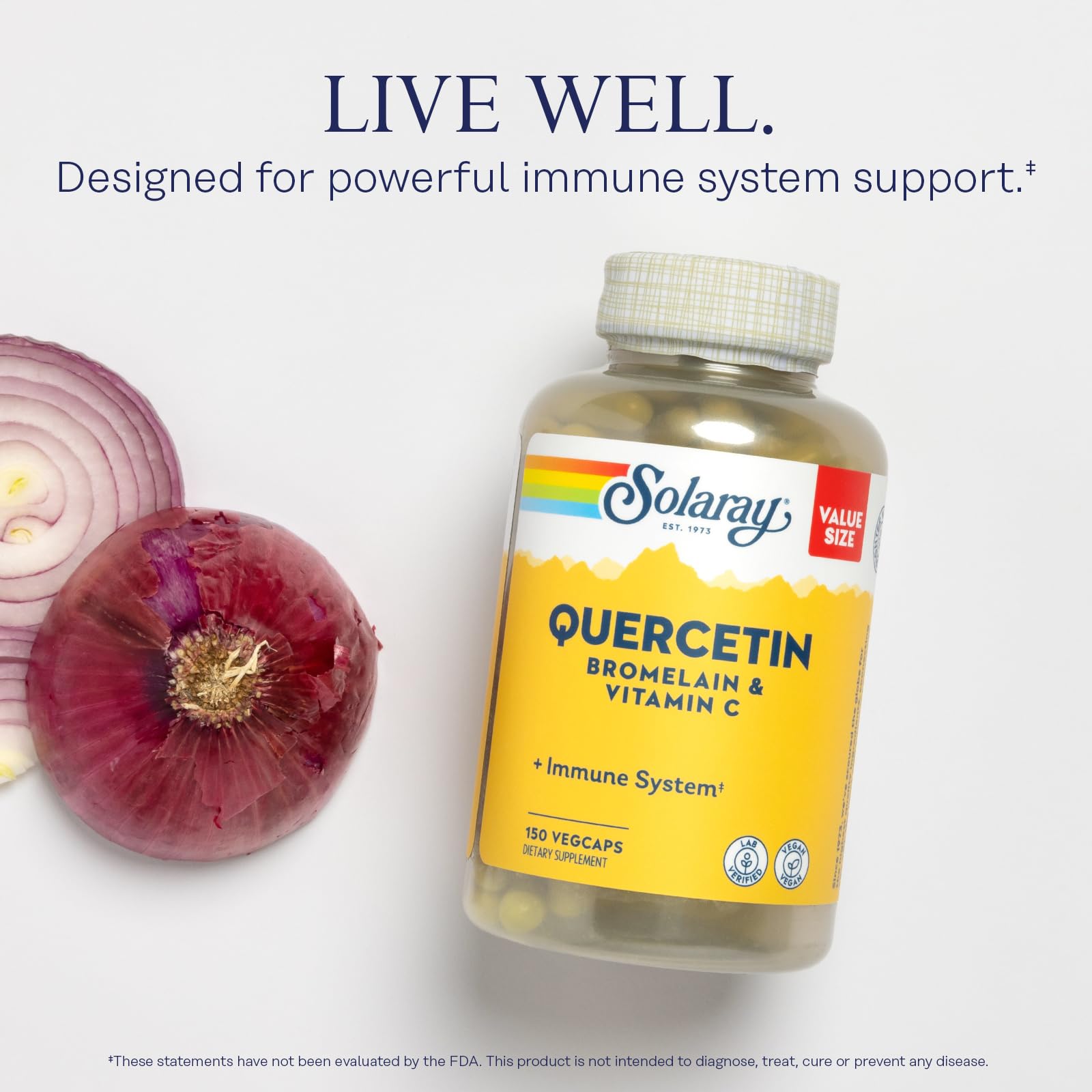 Solaray Quercetin Bromelain Vitamin C pills closeup reveals capsule texture for easy intake.