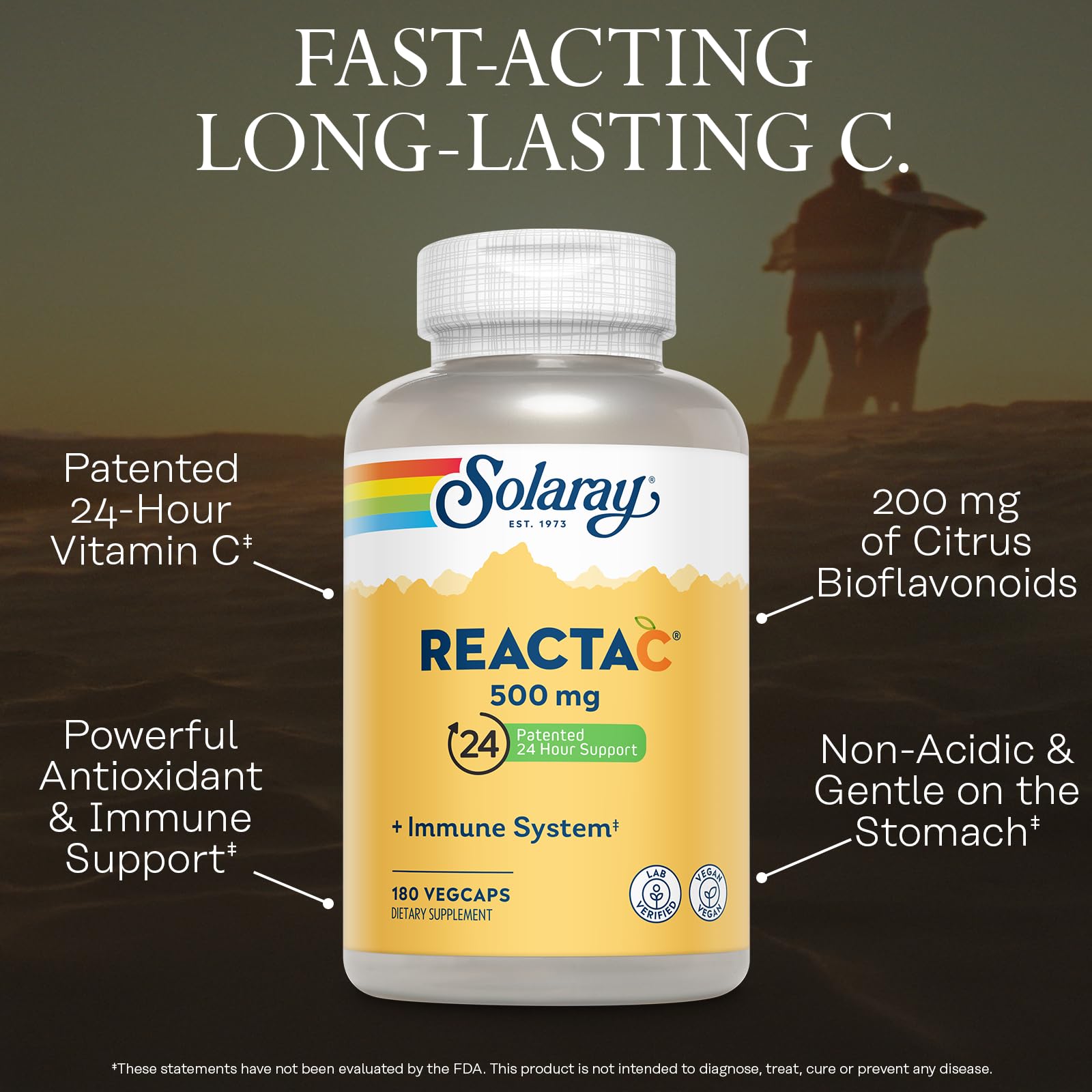 Reacta-C bottle highlights 200 mg citrus bioflavonoids for antioxidant support