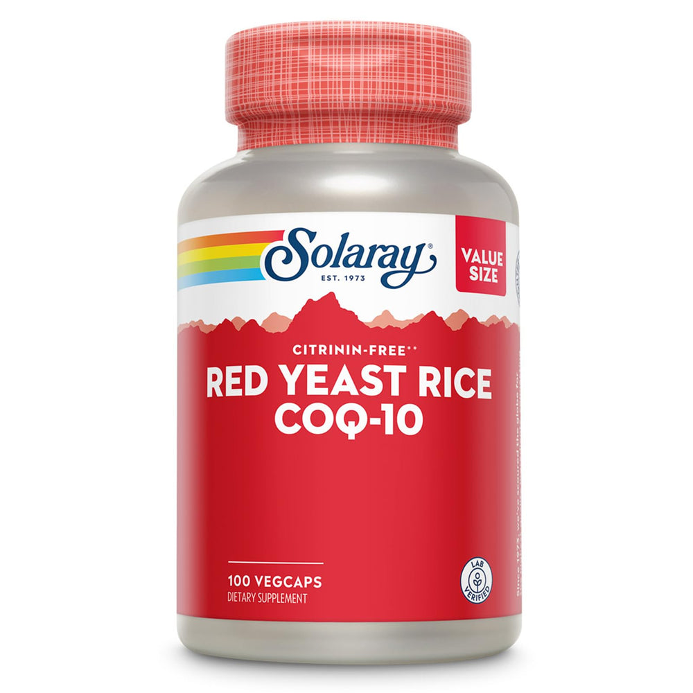 SOLARAY Red Yeast Rice with CoQ10 bottle shows heart-supporting formula in capsule form.