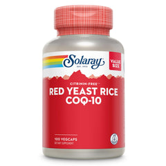 SOLARAY Red Yeast Rice with CoQ10 bottle shows heart-supporting formula in capsule form.