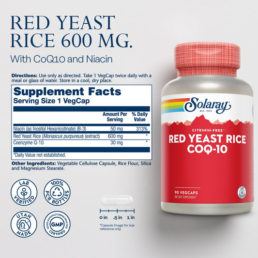 Solaray Red Yeast Rice capsules close-up, easy daily cardio-friendly capsules