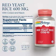 Solaray Red Yeast Rice capsules close-up, easy daily cardio-friendly capsules