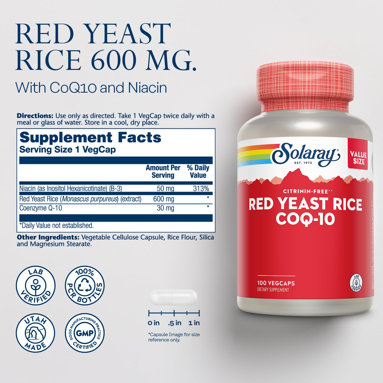 SOLARAY label close-up highlights CoQ10 and flush-free niacin components for balanced nutrition.