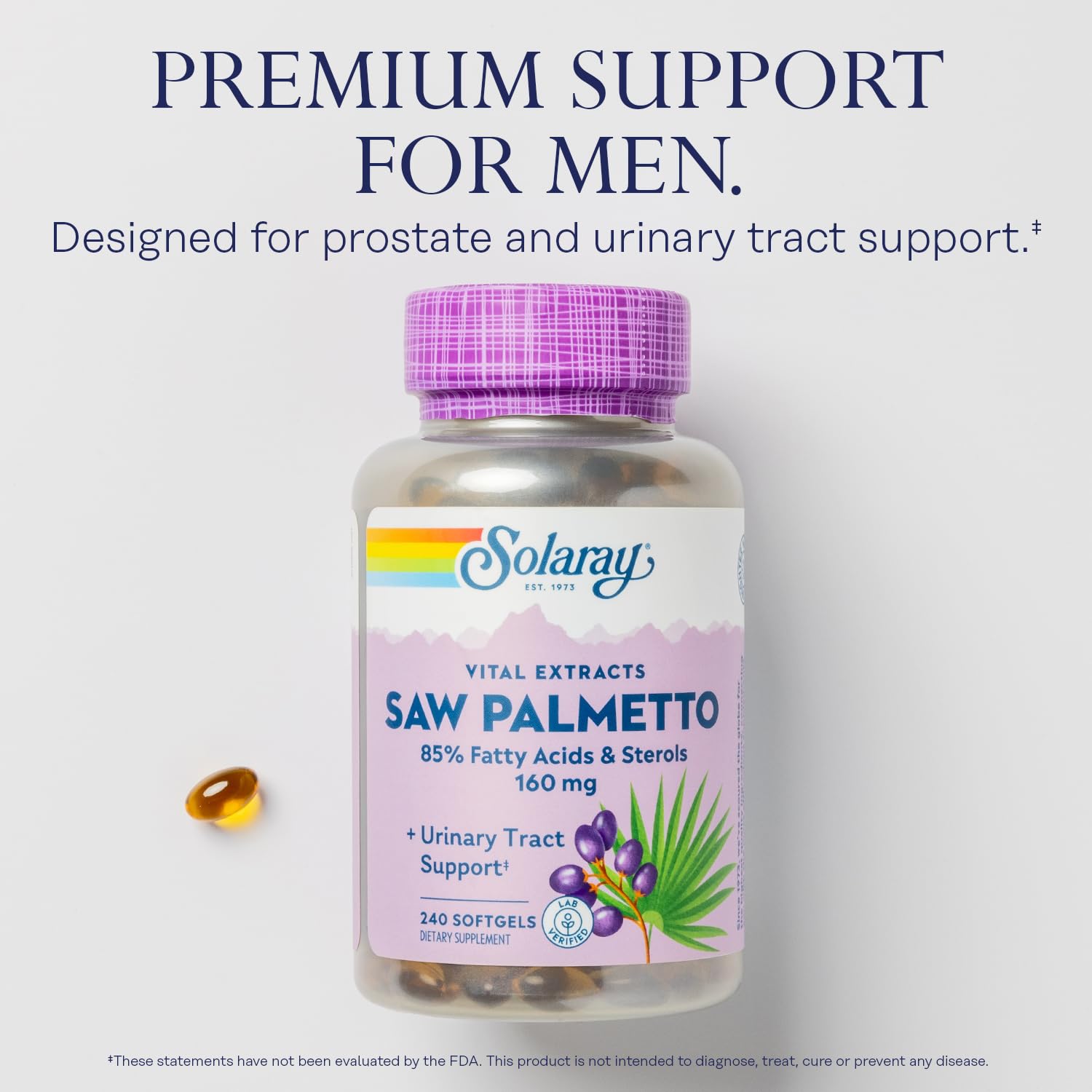 SOLARAY Saw Palmetto advanced formulation label showcases 160 mg per softgel potency.