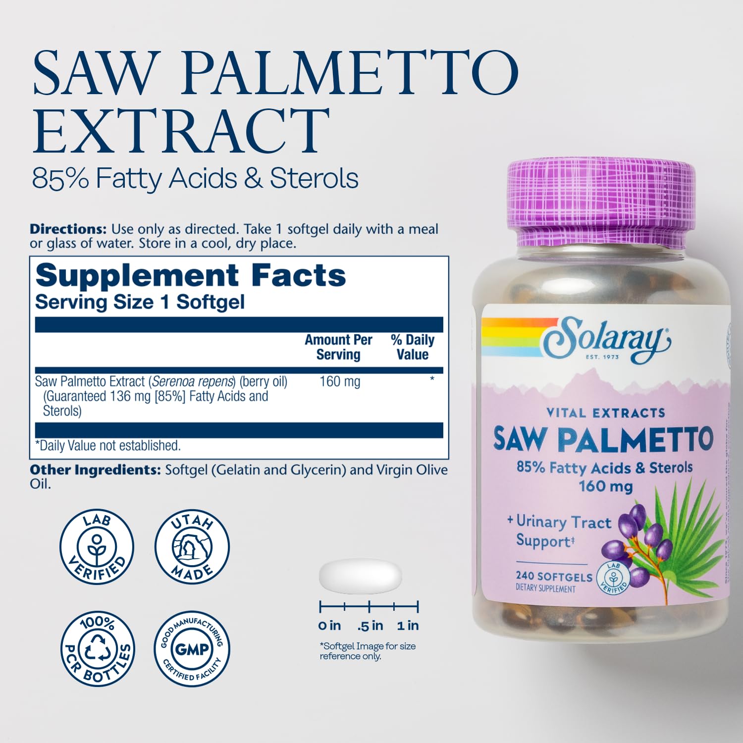 SOLARAY Saw Palmetto berry oil extract highlights potency and standardized content.