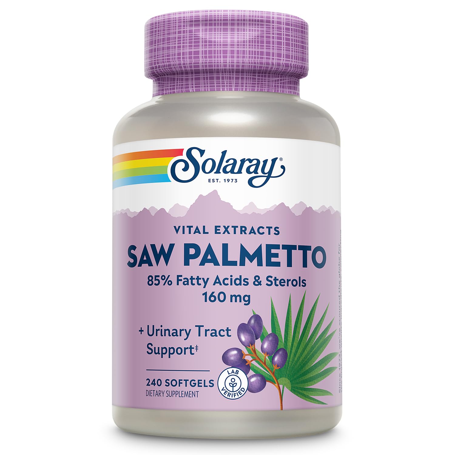 SOLARAY Saw Palmetto softgels bottle supports urinary comfort when taken daily.