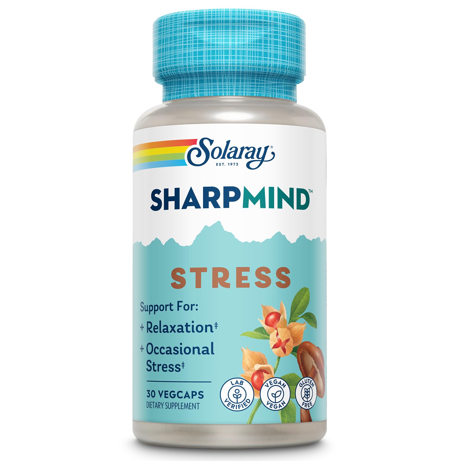 SOLARAY SharpMind bottle closeup showing calming mood support