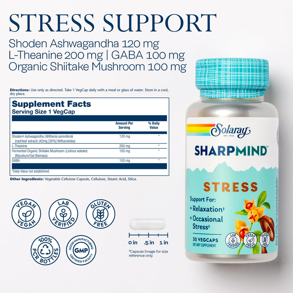 SOLARAY SharpMind capsules on a table highlighting Ashwagandha and L-Theanine