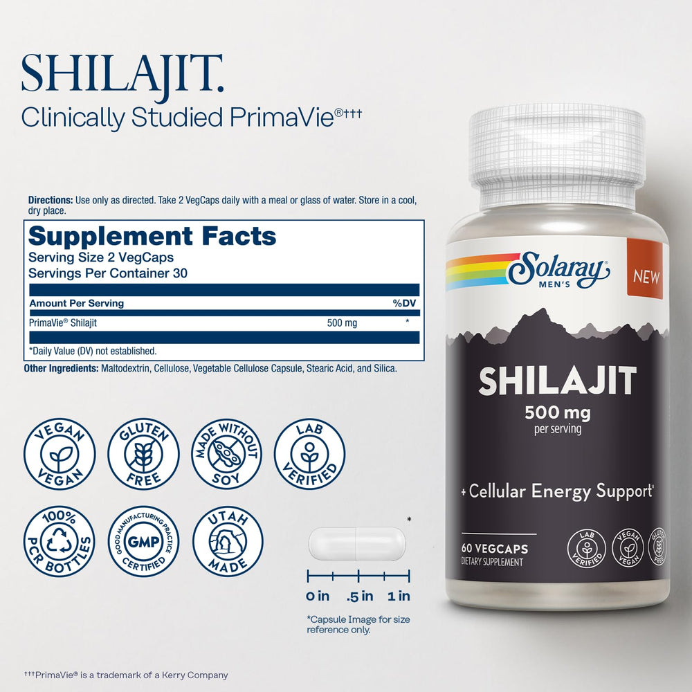 SOLARAY Shilajit capsules close-up for daily vegan use