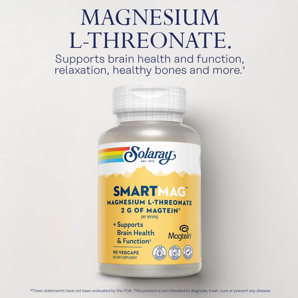 Solaray SmartMag Magtein capsules laid out for morning and evening dosing