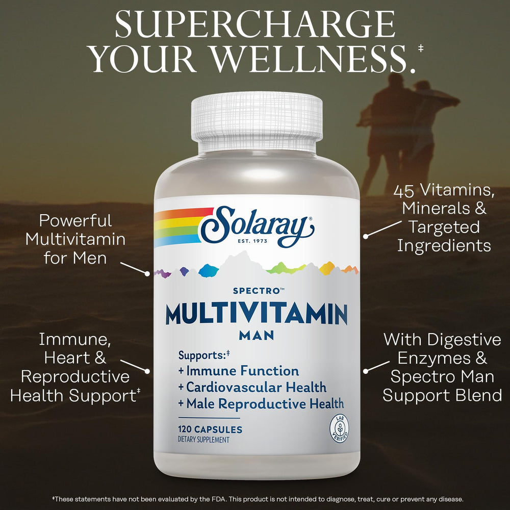 SOLARAY Spectro Men green ingredients visuals include chlorella, wheatgrass, and broccoli.