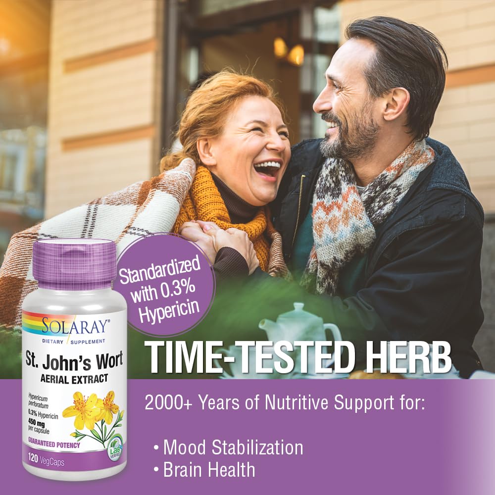 SOLARAY St John's Wort aerial extract label closeup confirms 0.3% hypericin.