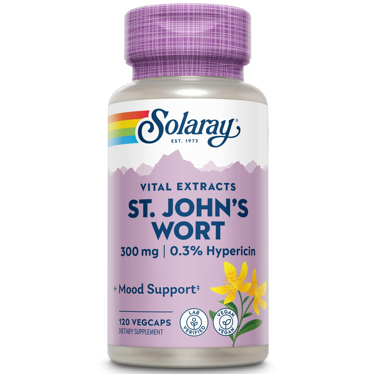 SOLARAY St John's Wort aerial extract bottle front supports a balanced mood and focus.