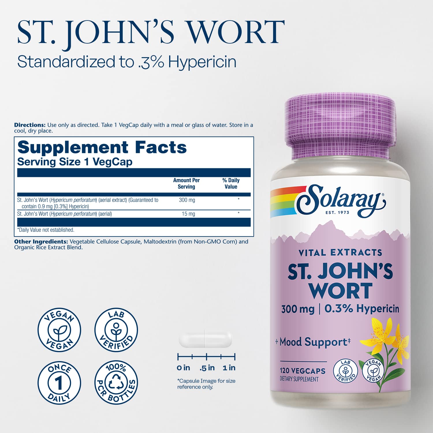SOLARAY St John's Wort aerial extract bottle label highlights potency and vegan non-GMO quality.