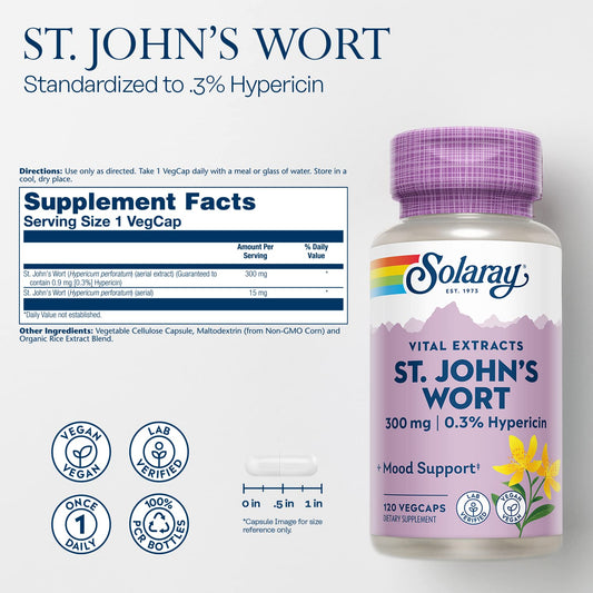 SOLARAY St John's Wort aerial extract bottle label highlights potency and vegan non-GMO quality.