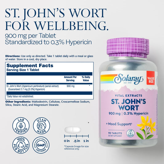SOLARAY St. John's Wort Aerial Extract label closeup showing 900 mg per serving.