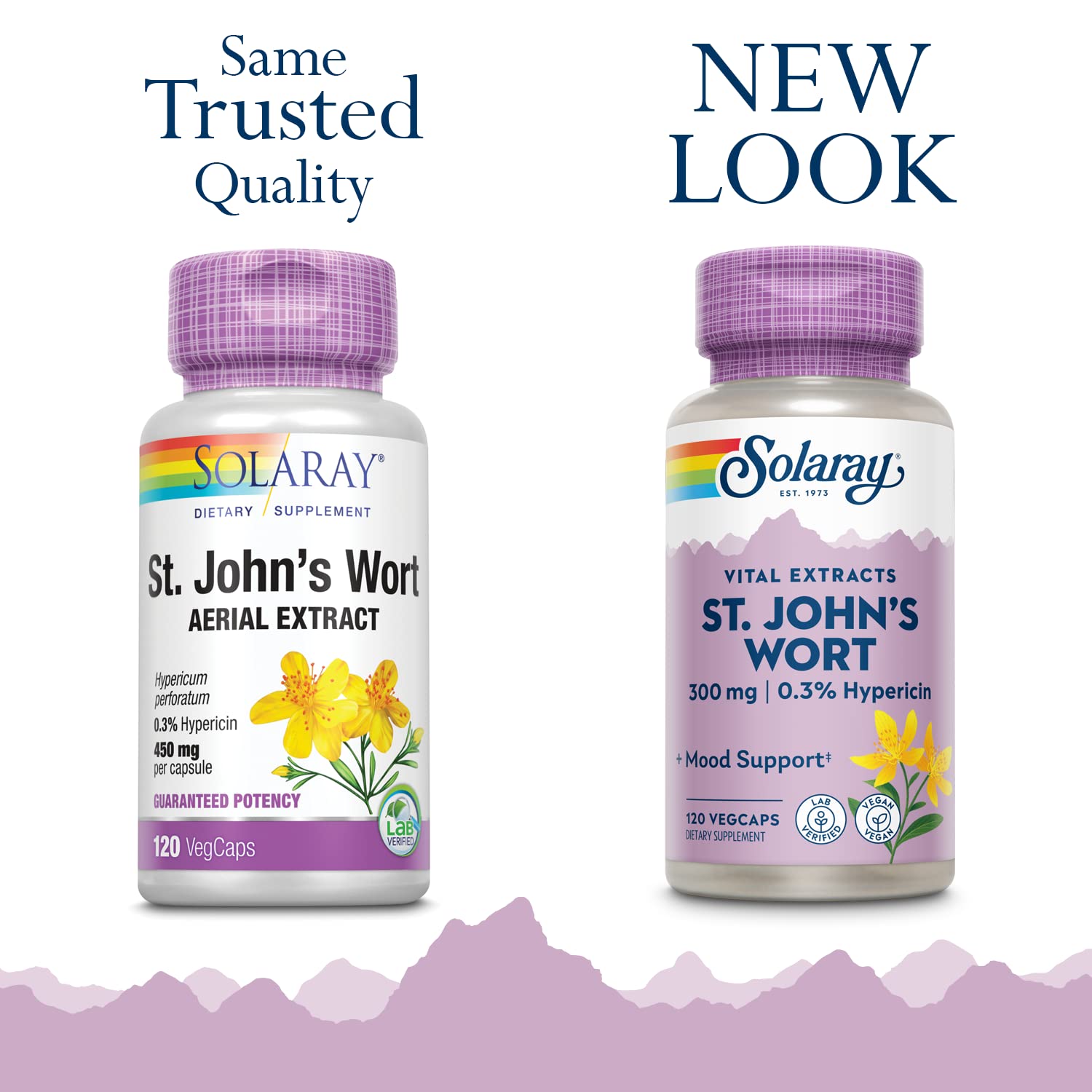 SOLARAY St John's Wort capsules closeup demonstrates 300 mg extract per capsule.