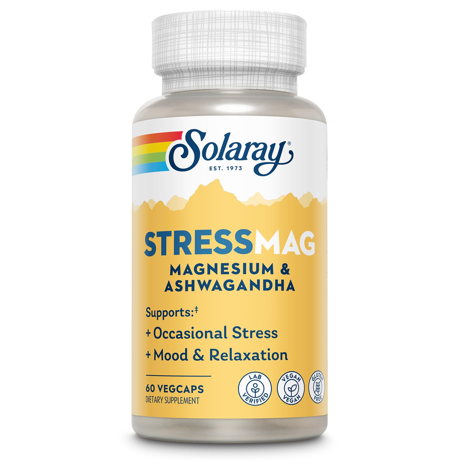 SOLARAY StressMag bottle with pour illustrating easy relaxation and daily stress support